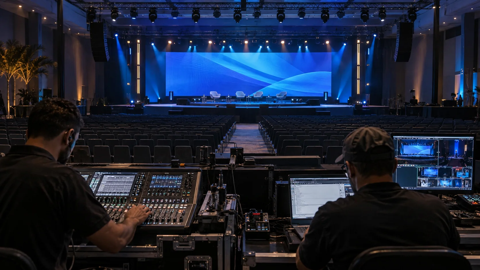 Equipe técnica na mesa de operação com palco preparado ao fundo